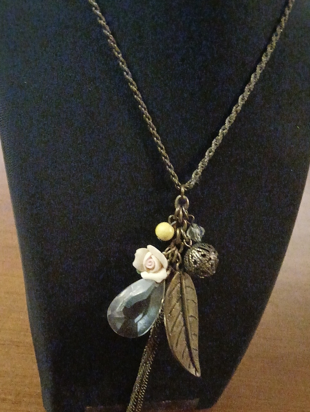 Boho Leaf Charm 30" Necklace with Blue Teardrop and White Rose